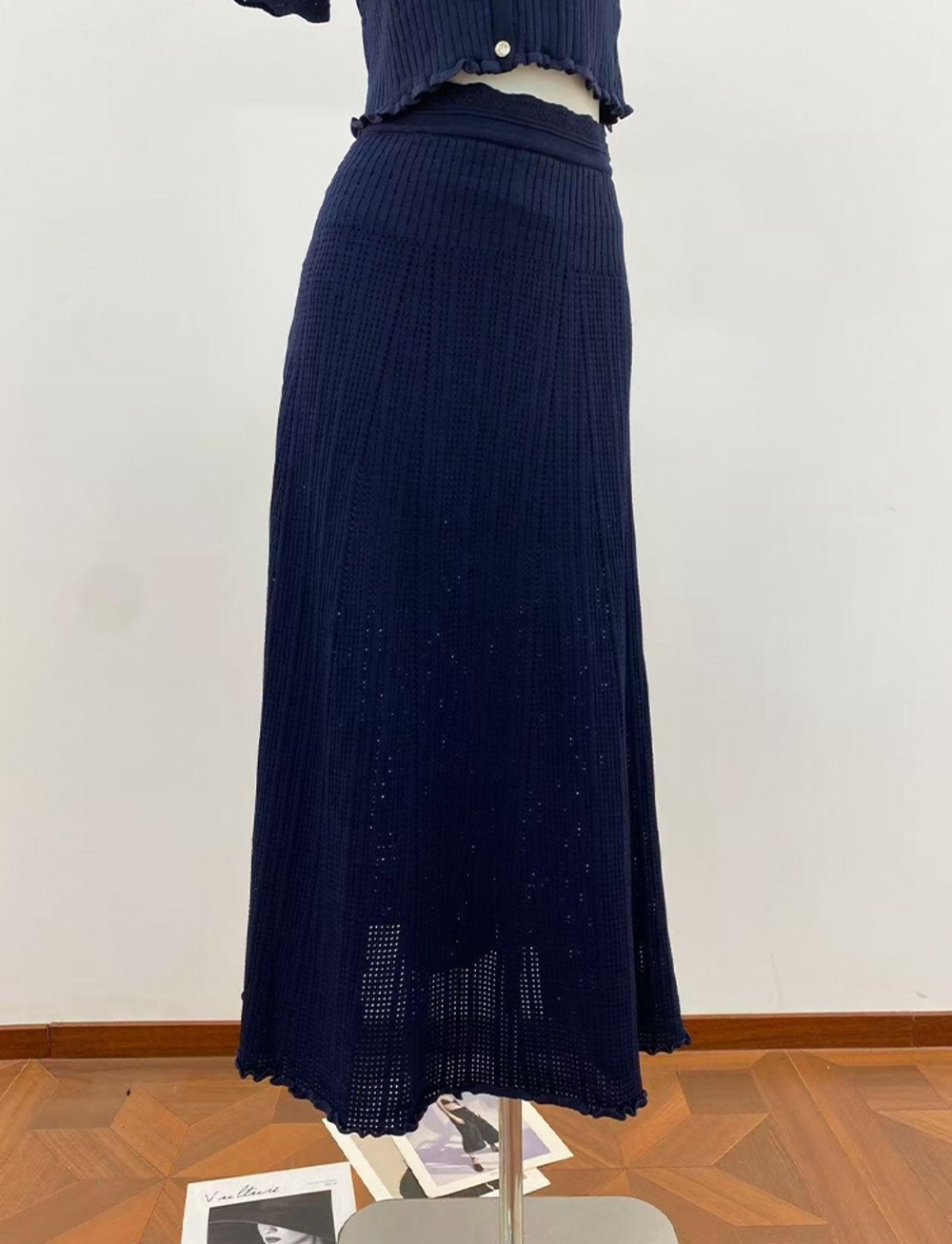 🦞Sandro Navy Knit Two‑Piece Set Cropped Top Long Midi Skirt - Picture 9 of 11